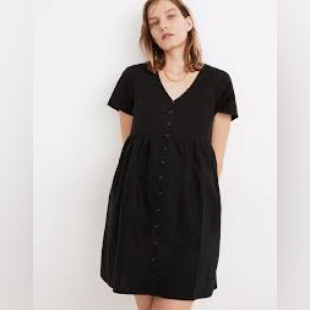 Madewell Black Buttoned V-Neck Linen Blend Sundress
